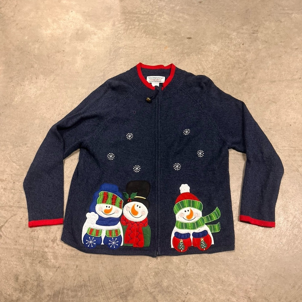 Tiara International Sweater Womens XL Blue Vintage Christmas Zip Up 90s Snowman